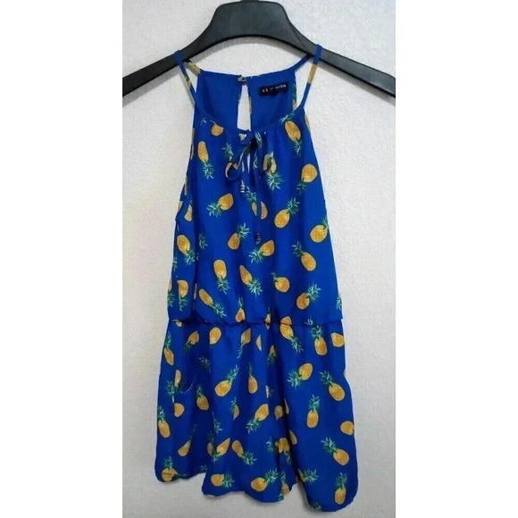 As You Wish Pineapple Shorts Jumper Royal Blue Romper Keyhole Back Size Small - Picture 1 of 6